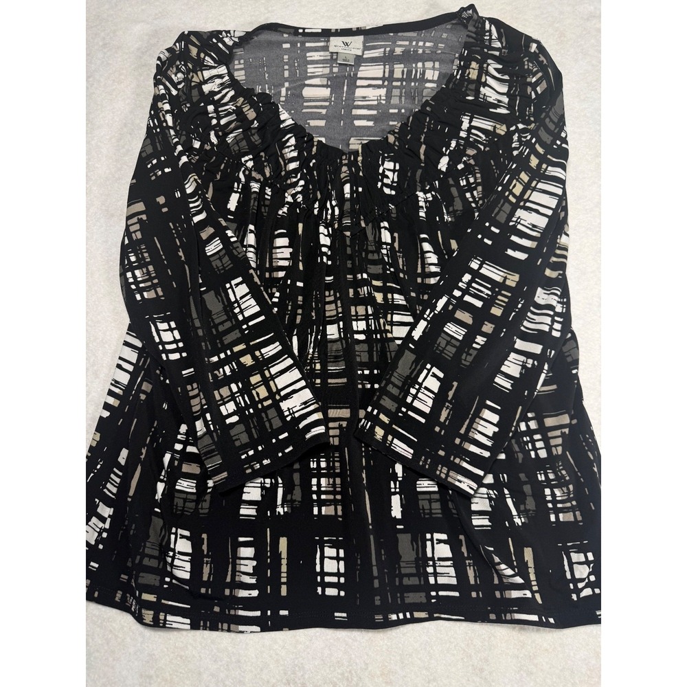 Worthington Stretch Blouse Women's Large Black White Abstract Print Long Sleeve - Picture 5 of 7